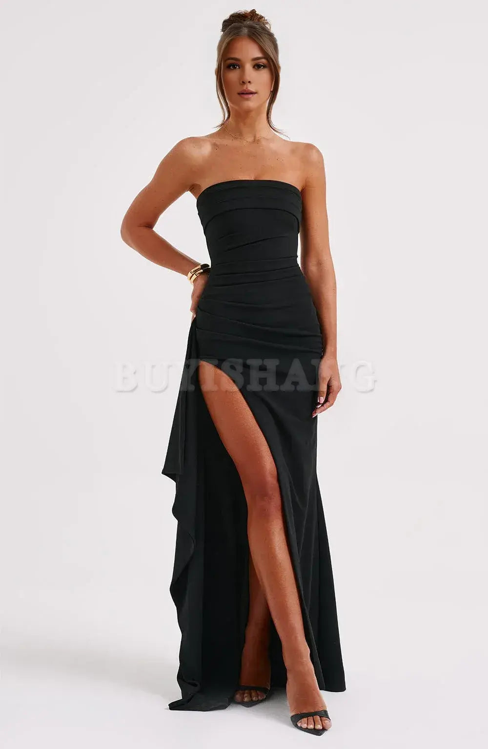 Buyishang Sexy Strapless Prom Dresses for Women Satin Backless High Split Evening Gowns Ruched Formal Dress
